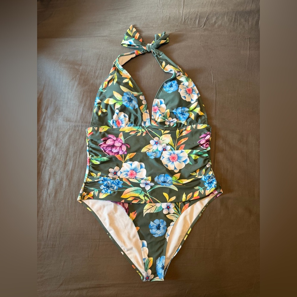 Floral Print Ruched Halter One Piece Swimsuit